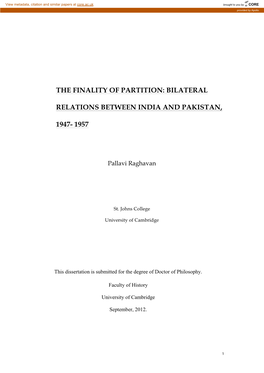 Bilateral Relations Between India and Pakistan, 1947- 1957