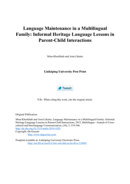 Language Maintenance in a Multilingual Family: Informal Heritage Language Lessons in Parent-Child Interactions