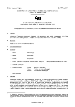 Pterapogon Kauderni in Appendix II, in Accordance with Article II, Paragraph 2(A) of the Convention and Satisfying Criteria a and B in Annex 2A of Resolution Conf