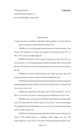 2021 Regular Session ENROLLED SENATE RESOLUTION NO. 75 by SENATORS PRICE and SMITH a RESOLUTION to Express the Sincere Condolenc