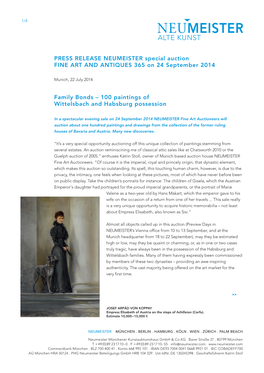PRESS RELEASE NEUMEISTER Special Auction FINE ART and ANTIQUES 365 on 24 September 2014