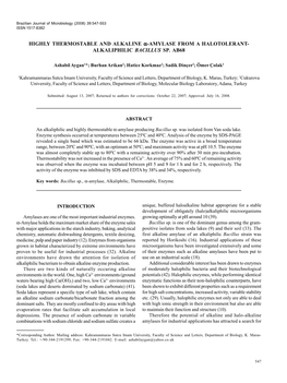 Highly Thermostable and Alkaline Α-Amylase from a Halotolerant- Alkaliphilic Bacillus Sp. Ab68