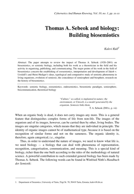 Thomas A. Sebeok and Biology: Building Biosemiotics