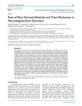 Role of Plant Derived Alkaloids and Their Mechanism in Neurodegenerative Disorders