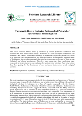 Therapeutic Review Exploring Antimicrobial Potential of Hydrazones As Promising Lead