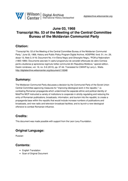 June 03, 1968 Transcript No. 53 of the Meeting of the Central Committee Bureau of the Moldavian Communist Party