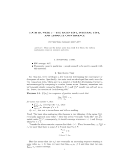 The Ratio Test, Integral Test, and Absolute Convergence