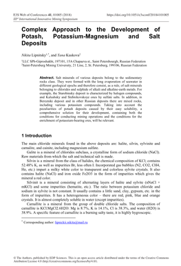 Complex Approach to the Development of Potash, Potassium-Magnesium and Salt Deposits