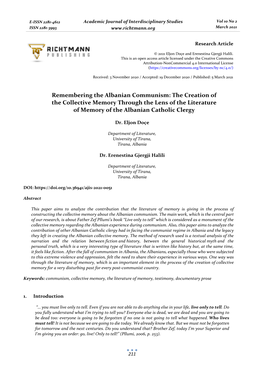 Remembering the Albanian Communism: the Creation of the Collective Memory Through the Lens of the Literature of Memory of the Albanian Catholic Clergy