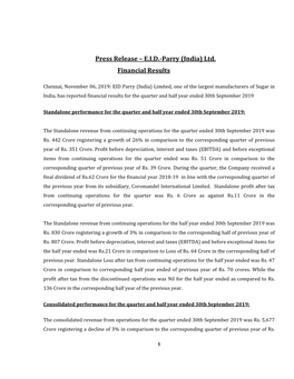 Press Release – EID-Parry (India) Ltd. Financial Results