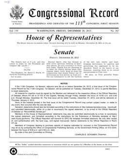 Congressional Record United States Th of America PROCEEDINGS and DEBATES of the 113 CONGRESS, FIRST SESSION