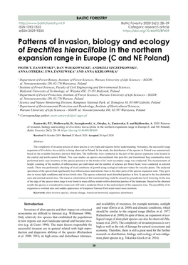 Patterns of Invasion, Biology and Ecology of Erechtites Hieraciifolia in the Northern Expansion Range in Europe (C and NE Poland)