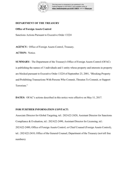 DEPARTMENT of the TREASURY Office of Foreign Assets Control Sanctions Actions Pursuant to Executive Order 13224 AGENCY