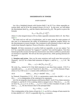 DISCRIMINANTS in TOWERS Let a Be a Dedekind Domain with Fraction