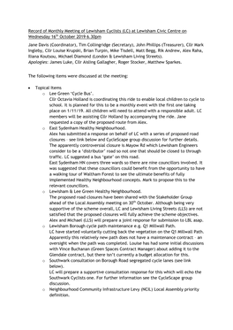 Record of Monthly Meeting of Lewisham Cyclists (LC) at Lewisham Civic Centre on Wednesday 16Th October 2019 6.30Pm Jane Davis (C