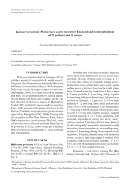 Helicteres Prostrata (Malvaceae), a New Record for Thailand and Lectotypifications of H