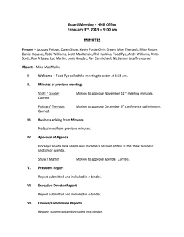 Board Meeting - HNB Office February 3Rd, 2019 – 9:00 Am