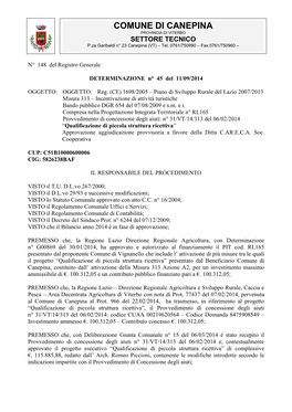 COMUNE DI CANEPINA PROVINCIA DI VITERBO SETTORE TECNICO P.Za Garibaldi N° 23 Canepina (VT) – Tel