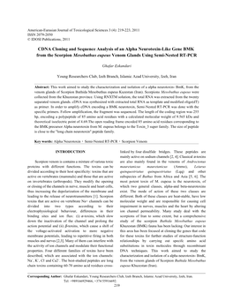 CDNA Cloning and Sequence Analysis of an Alpha Neurotoxin-Like Gene BMK from the Scorpion Mesobuthus Eupeus Venom Glands Using Semi-Nested RT-PCR