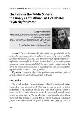 Elections in the Public Sphere: the Analysis of Lithuanian TV Debates “Lyderių Forumas“