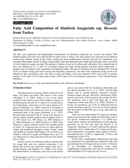 Fatty Acid Composition of Matthiola Longipetala Ssp. Bicornis from Turkey