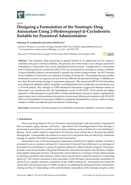 Designing a Formulation of the Nootropic Drug Aniracetam Using 2-Hydroxypropyl-Β-Cyclodextrin Suitable for Parenteral Administration