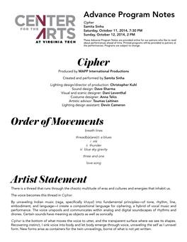 Program Notes Cipher Samita Sinha Saturday, October 11, 2014, 7:30 PM Sunday, October 12, 2014, 2 PM