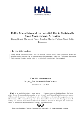 Coffee Microbiota and Its Potential Use in Sustainable Crop Management. a Review Duong Benoit, Marraccini Pierre, Jean Luc Maeght, Philippe Vaast, Robin Duponnois