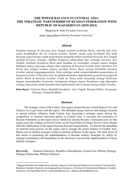 The Power Balance in Central Asia: the Strategic Partnership of Russian Federation with Republic of Kazakhstan (2010-2014)