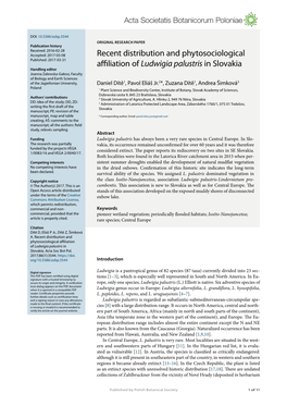 Recent Distribution and Phytosociological Affiliation of Ludwigia Palustris in Slovakia