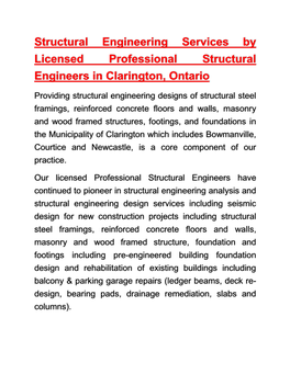 Structural Engineering Services by Licensed Professional Structural Engineers in Clarington, Ontario