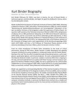 Kurt Binder Biography December 24, 2020