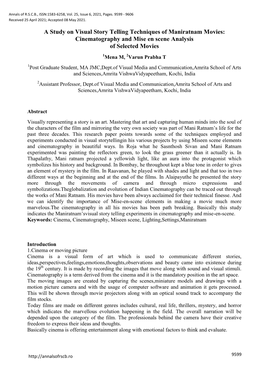 A Study on Visual Story Telling Techniques of Maniratnam Movies: Cinematography and Mise En Scene Analysis of Selected Movies