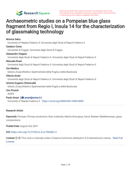 Archaeometric Studies on a Pompeian Blue Glass Fragment from Regio I, Insula 14 for the Characterization of Glassmaking Technology