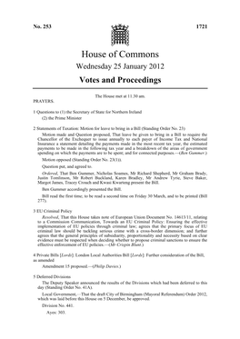 House of Commons Wednesday 25 January 2012 Votes and Proceedings