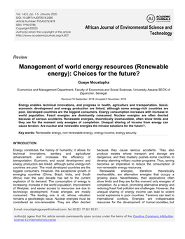 Management of World Energy Resources (Renewable Energy): Choices for the Future?