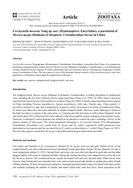 A Parasitoid of Mesosa Myops (Dalman) (Coleoptera: Cerambycidae) Larvae in China