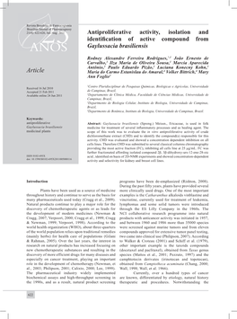 Antiproliferative Activity, Isolation and Identification of Active Compound from Gaylussacia Brasiliensis Rodney Alexandre Ferreira Rodrigues Et Al