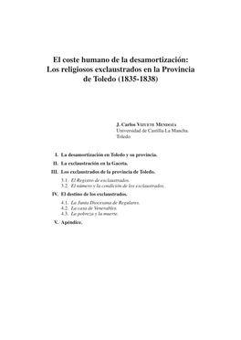 Los Religiosos Exclaustrados En La Provincia De Toledo (1835-1838)