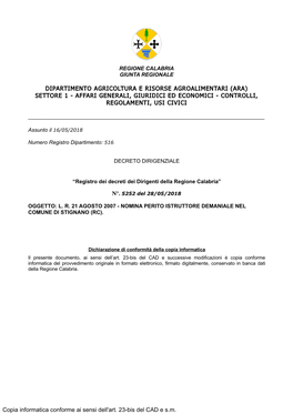 Dipartimento Agricoltura E Risorse Agroalimentari (Ara) Settore 1 - Affari Generali, Giuridici Ed Economici - Controlli, Regolamenti, Usi Civici