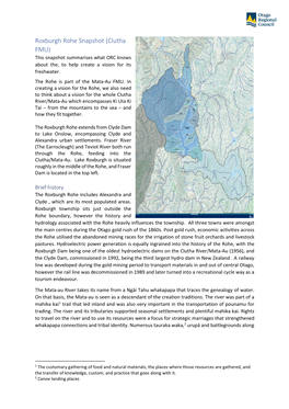 Roxburgh Rohe Snapshot (Clutha FMU) This Snapshot Summarises What ORC Knows About The, to Help Create a Vision for Its Freshwater