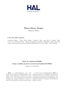 When Silence Reigns: Sexuality, Affect, and Space in Soldiers’ Mem- Oirs of the Napoleonic Wars