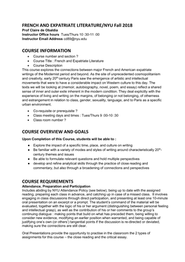FRENCH and EXPATRIATE LITERATURE/NYU Fall 2018 Prof Claire De Obaldia Instructor Office Hours Tues/Thurs 10 :30-11 :00 Instructor Email Address Cd89@Nyu.Edu