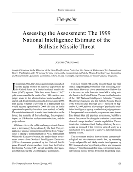 The 1999 National Intelligence Estimate of the Ballistic Missile Threat