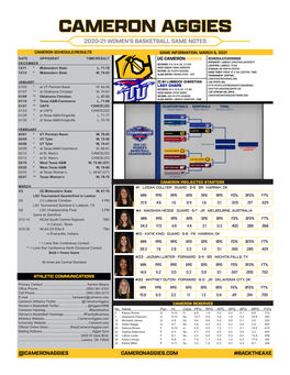 Cameron Aggies 2020-21 Women’S Basketball Game Notes