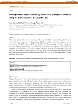 Gastropod Shell Species Utilized by Hermit Crabs (Decapoda: Anomura) Along the Turkish Coast of the Levantine Sea