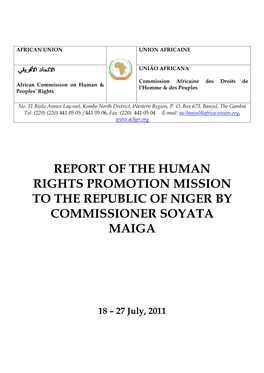 Report of the Human Rights Promotion Mission to the Republic of Niger by Commissioner Soyata Maiga