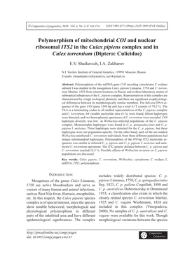 Polymorphism of Mitochondrial COI and Nuclear Ribosomal ITS2 in the Culex Pipiens Complex and in Culex Torrentium (Diptera: Culicidae)