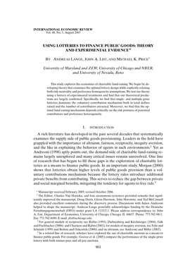 Using Lotteries to Finance Public Goods: Theory ∗ and Experimental Evidence