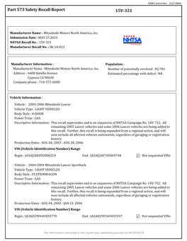 Part 573 Safety Recall Report 15V-321